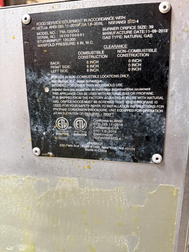 NICE Patriot Deep Fryer 45-50 pounds, 120000BTU, Model# FM-120/NG 16X30X45 GAS Powered On Casters - Image 5 of 5