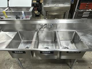 EXCELLENT Elkay Commercial Stainless-Steel Sink with long neck faucet 88" x 26" x 45" (3) Sink 16" x 20" x 12"