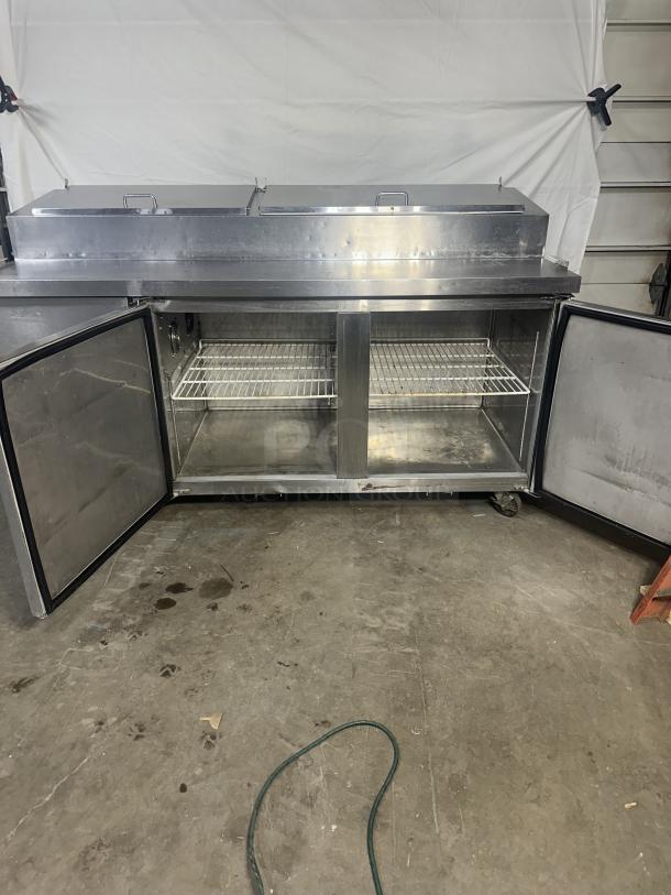 Norpole NP2R-PT 71" Two Section Refrigerated Pizza Prep Table w/ 2 Doors, (9) 1/3 Pans Pizza Prep Table, two-section, 16 cu. ft., (2) solid doors, (9) 1/3 pans capacity (pans included), LED digital temperature display, (2) PVC coated adjustable shelves, 3/4" thick cutting board, heavy-duty caster wheels, stainless steel exterior & interior, aluminum back panel, self-contained refrigeration, side mounted compressor, R290 refrigerant, 1/5 HP, 115v/60/1-ph, 9.8 amps, NEMA 5-15P, cETLus, ETL-Sanitation - Image 2 of 6