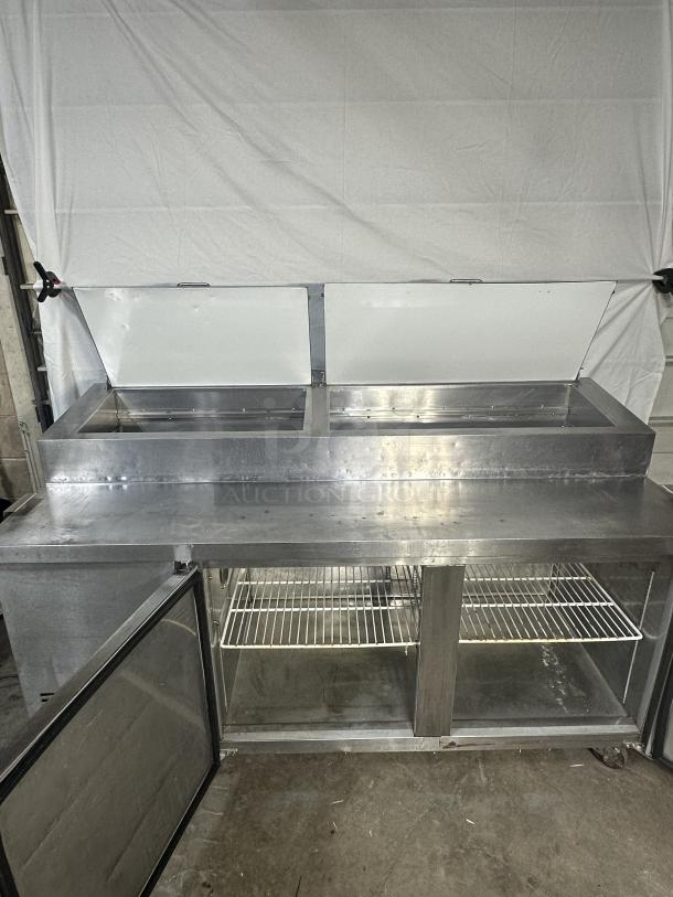 Norpole NP2R-PT 71" Two Section Refrigerated Pizza Prep Table w/ 2 Doors, (9) 1/3 Pans Pizza Prep Table, two-section, 16 cu. ft., (2) solid doors, (9) 1/3 pans capacity (pans included), LED digital temperature display, (2) PVC coated adjustable shelves, 3/4" thick cutting board, heavy-duty caster wheels, stainless steel exterior & interior, aluminum back panel, self-contained refrigeration, side mounted compressor, R290 refrigerant, 1/5 HP, 115v/60/1-ph, 9.8 amps, NEMA 5-15P, cETLus, ETL-Sanitation - Image 3 of 6