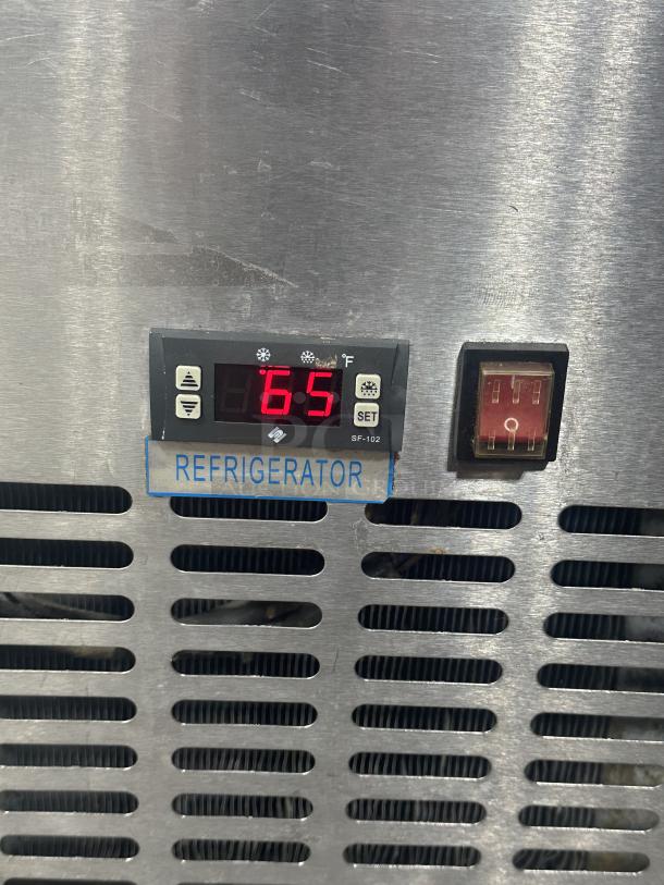 Norpole NP2R-PT 71" Two Section Refrigerated Pizza Prep Table w/ 2 Doors, (9) 1/3 Pans Pizza Prep Table, two-section, 16 cu. ft., (2) solid doors, (9) 1/3 pans capacity (pans included), LED digital temperature display, (2) PVC coated adjustable shelves, 3/4" thick cutting board, heavy-duty caster wheels, stainless steel exterior & interior, aluminum back panel, self-contained refrigeration, side mounted compressor, R290 refrigerant, 1/5 HP, 115v/60/1-ph, 9.8 amps, NEMA 5-15P, cETLus, ETL-Sanitation - Image 5 of 6