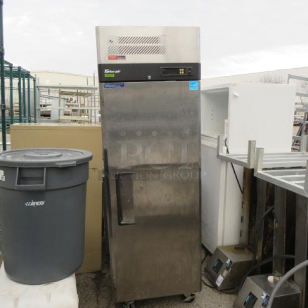 One Turbo Air Stainless Steel 1 Door Cooler With 2 Racks On Casters.  Model# M3F19-1-N. 115 Volt. 25X32X77 - Image 1 of 2