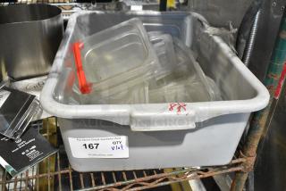 ALL ONE MONEY! Lot of Various Items Including Poly Drop In and Lids in Gray Poly Bus Bin