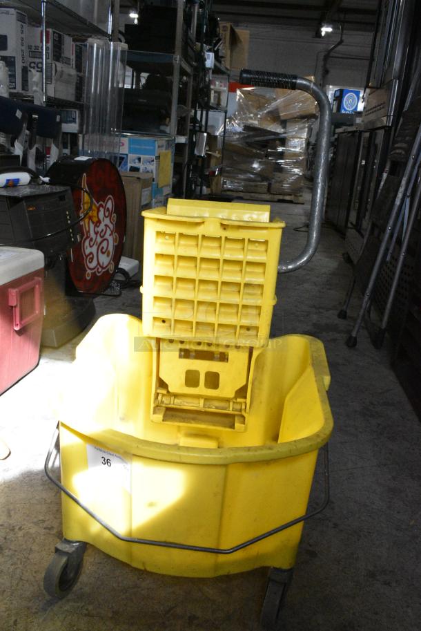 Yellow Poly Mop Bucket w/ Wringing Attachment on Commercial Casters. - Image 3 of 8