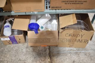 ALL ONE MONEY! Tier Lot of Various Items Including 14 Clear Poly Dry Goods Dispenser, Poly Condiment Bottles and Poly Drop In Bins