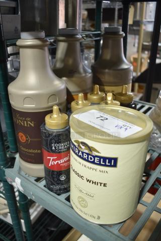 ALL ONE MONEY! Lot of Various Items Including Ghiradelli Classic White Frappe Mix, Torani Sauce, Monin Caramel.