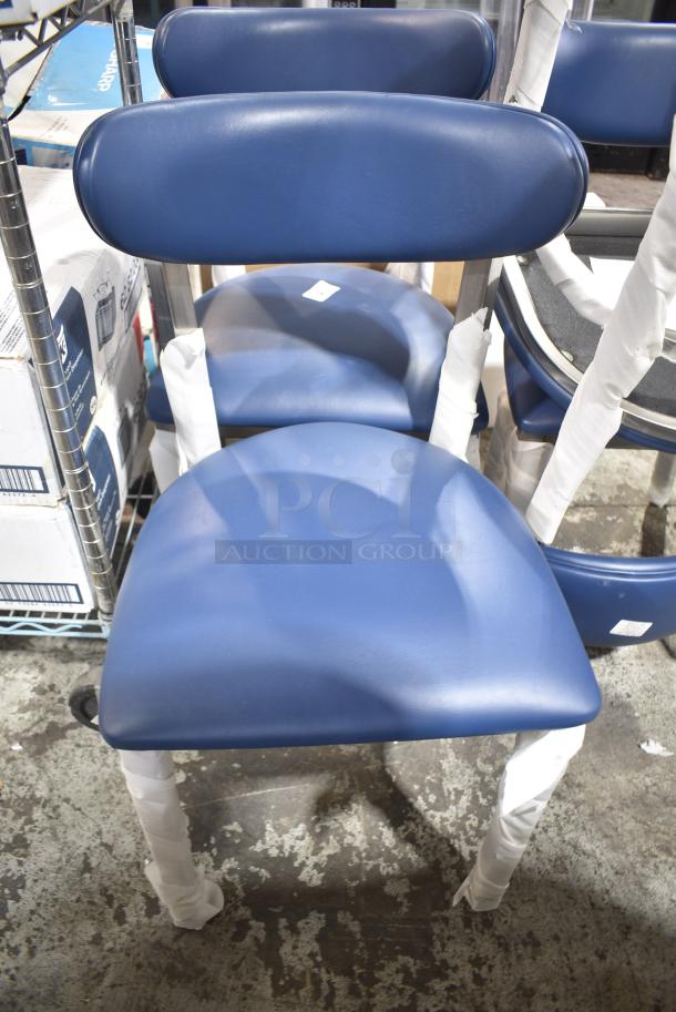 6 BRAND NEW SCRATCH AND DENT! Black Metal Dining Height Chair w/ Blue Back Rest and Seat Cushion. 6 Times Your Bid! - Image 1 of 6