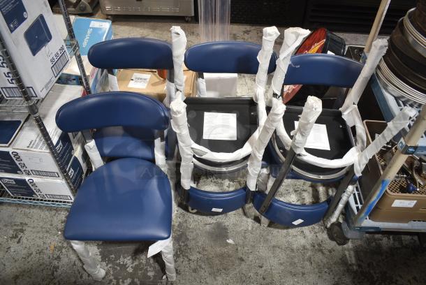 6 BRAND NEW SCRATCH AND DENT! Black Metal Dining Height Chair w/ Blue Back Rest and Seat Cushion. 6 Times Your Bid! - Image 2 of 6
