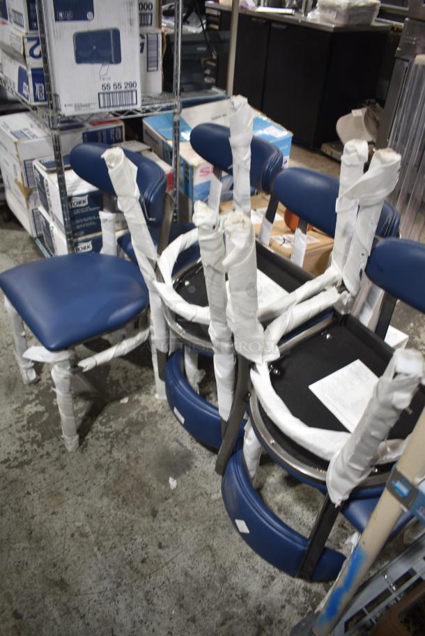 6 BRAND NEW SCRATCH AND DENT! Black Metal Dining Height Chair w/ Blue Back Rest and Seat Cushion. 6 Times Your Bid! - Image 4 of 6