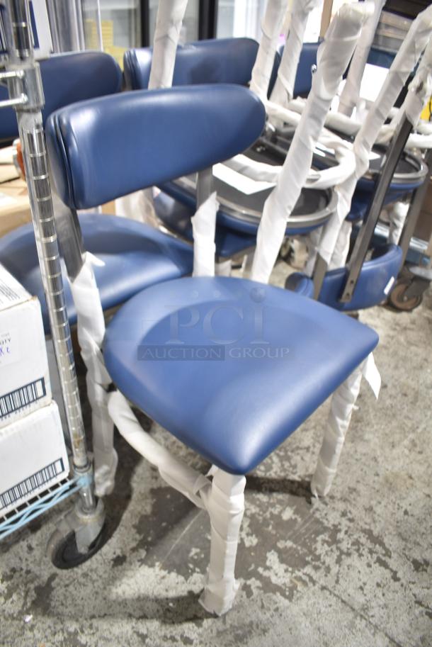6 BRAND NEW SCRATCH AND DENT! Black Metal Dining Height Chair w/ Blue Back Rest and Seat Cushion. 6 Times Your Bid! - Image 5 of 6