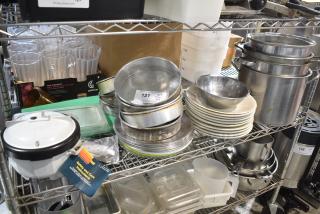 ALL ONE MONEY! Tier Lot of Various Items Including Metal Baking Pans and Stainless Steel Cylindrical Drop In Bins