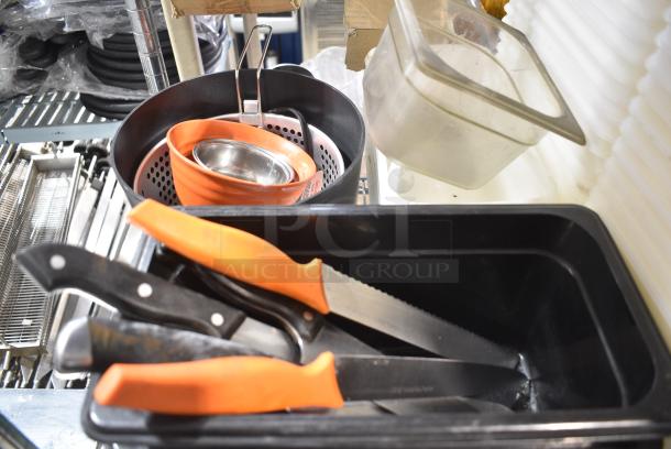 ALL ONE MONEY! Tier Lot of Various Items Including Utensils, Poly Bins and Commercial Can Openers - Image 2 of 7