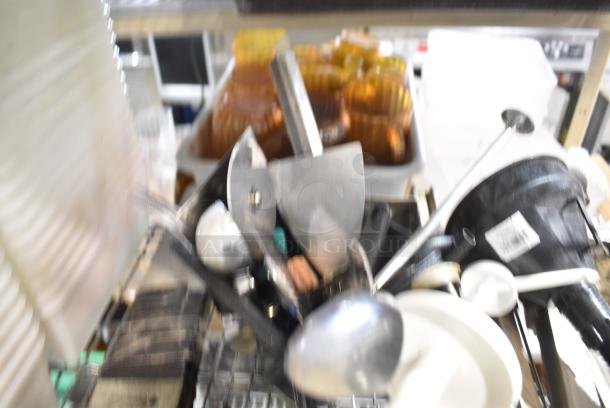 ALL ONE MONEY! Tier Lot of Various Items Including Utensils, Poly Bins and Commercial Can Openers - Image 5 of 7