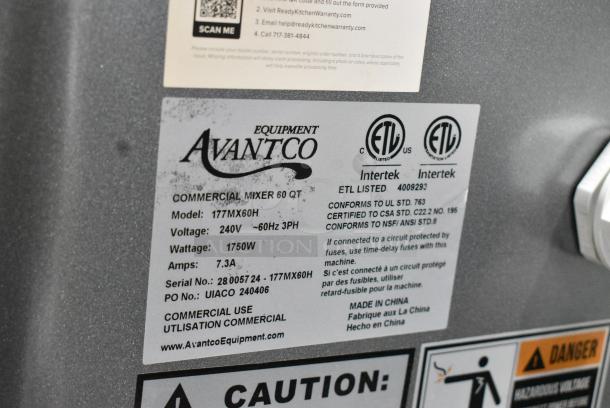 BRAND NEW SCRATCH AND DENT! Avantco 177MX60H Metal Commercial Floor Style 60 Quart Planetary Dough Mixer w/ Stainless Steel Mixing Bowl, Bowl Guard, Dough Hook, Whisk and Paddle Attachments. 240 Volts, 3 Phase. - Image 8 of 8