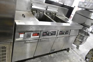 Frymaster FH217SE Stainless Steel Commercial Electric Powered 2 Bay Deep Fat Fryer w/ 2 Dumping Stations on Commercial Casters. 480 Votls, 3 Phase.