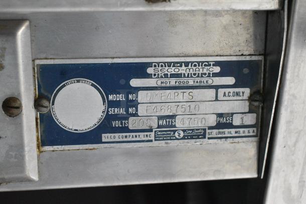 Seco-matic DME4PTS Stainless Steel Commercial Electric Powered 4 Bay Steam Table on Commercial Casters. 208 Volts, 1 Phase. - Image 11 of 11