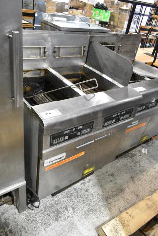 Frymaster FPPH255SD Stainless Steel Commercial Natural Gas Powered 2 Bay Deep Fat Fryer on Commercial Casters. 105,000 BTU.