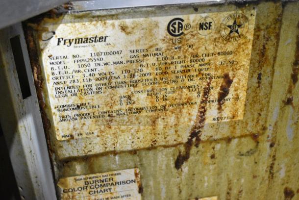Frymaster FPPH255SD Stainless Steel Commercial Natural Gas Powered 2 Bay Deep Fat Fryer on Commercial Casters. 105,000 BTU. - Image 10 of 11