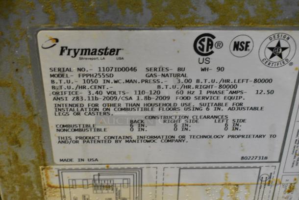 Frymaster FPPH255SD Stainless Steel Commercial Natural Gas Powered 2 Bay Deep Fat Fryer on Commercial Casters. 105,000 BTU. - Image 11 of 11