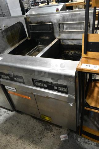 Frymaster FPPH255SD Stainless Steel Commercial Natural Gas Powered 2 Bay Deep Fat Fryer on Commercial Casters. 105,000 BTU.
