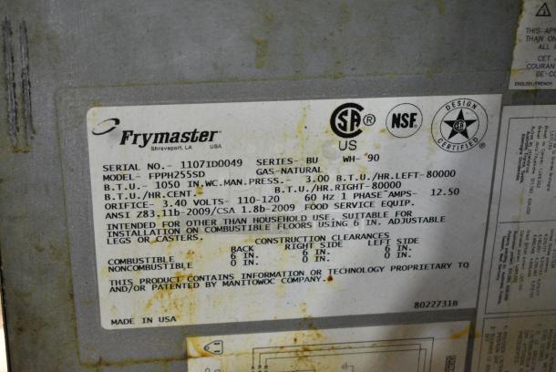 Frymaster FPPH255SD Stainless Steel Commercial Natural Gas Powered 2 Bay Deep Fat Fryer on Commercial Casters. 105,000 BTU. - Image 12 of 12