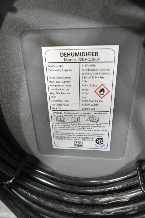 BRAND NEW SCRATCH AND DENT! Boltic 22BPCD90P 160 Pint Commercial Dehumidifier with Drain Hose and Wheels. 115 Volts, 1 Phase. Tested and Working! - Image 7 of 7