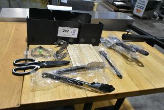 BRAND NEW SCRATCH AND DENT! Lot of Various Utensils Including Scissors, Tongs and Skewers and Black Poly Bin