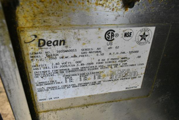 Dean SR42GN Stainless Steel Commercial Floor Style Natural Gas Powered Deep Fat Fryer w/ Splash Guard on Commercial Casters. 105,000 BTU. - Image 6 of 6