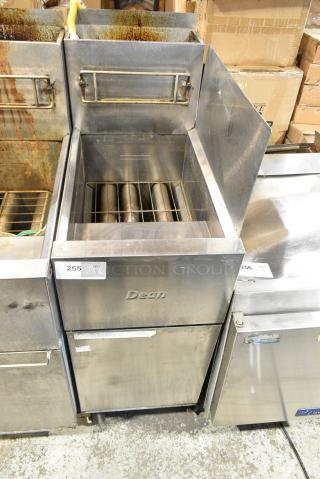 2016 Dean SR42GN Stainless Steel Commercial Floor Style Natural Gas Powered Deep Fat Fryer w/ Splash Guard on Commercial Casters. 105,000 BTU.