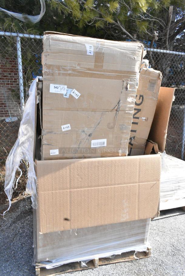 15 BRAND NEW SCRATCH AND DENT! Items Including 384YCZ60RDBF Lancaster Table & Seating 60" Round Heavy-Duty Granite White Plastic Bi-Folding Table, 600PRW36ELKD Regency 38 Pan End Load Wire Bun / Sheet Pan Rack - Unassembled, 522SG3048 Steelton 30" x 48" 18-Gauge Stainless Steel Equipment Stand with Undershelf and Galvanized Legs. 15 Times Your Bid! - Image 1 of 8