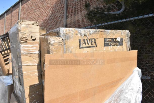 15 BRAND NEW SCRATCH AND DENT! Items Including 384YCZ60RDBF Lancaster Table & Seating 60" Round Heavy-Duty Granite White Plastic Bi-Folding Table, 600PRW36ELKD Regency 38 Pan End Load Wire Bun / Sheet Pan Rack - Unassembled, 522SG3048 Steelton 30" x 48" 18-Gauge Stainless Steel Equipment Stand with Undershelf and Galvanized Legs. 15 Times Your Bid! - Image 3 of 8