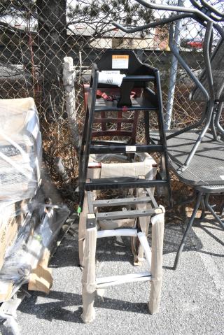 3 BRAND NEW SCRATCH AND DENT! Items Including Black High Chair, Metal Stool Frame and Wooden Bar Height Chair. 3 Times Your Bid!