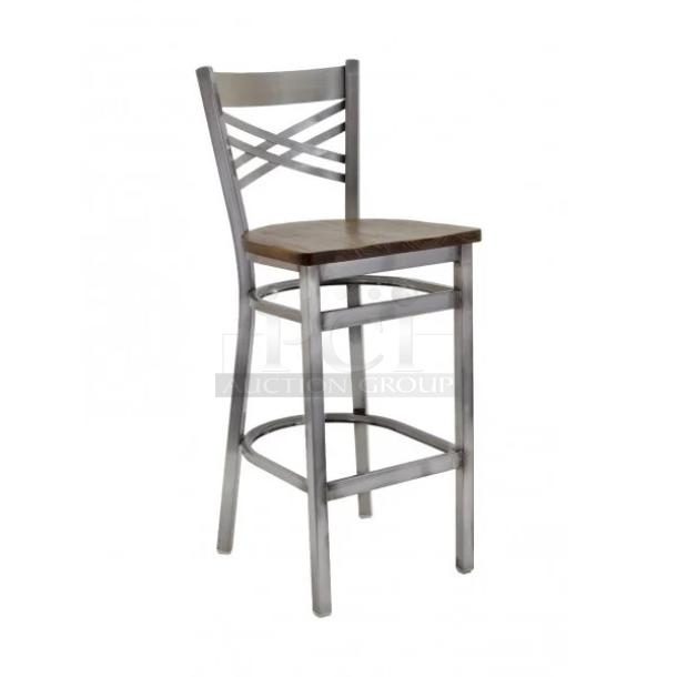 BRAND NEW! G & A Commercial Stainless Steel Distressed Clear Finish Double X-Back Barstools! With Solid Wood Saddle Type Seat! Model: 699-D SS! 4X Your Bid! - Image 1 of 1