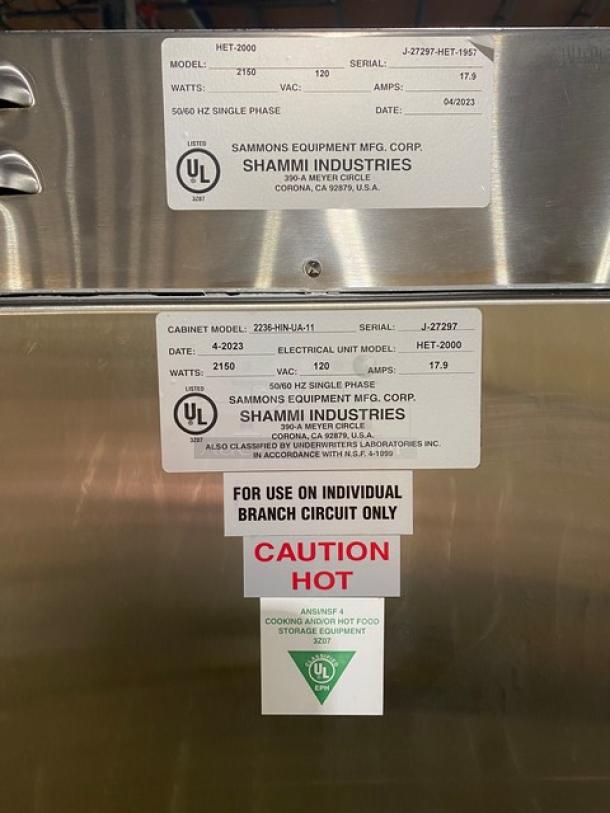 NEW! SCRATCH-N-DENT! Sammons Equipment! 2023 Late Model! Commercial Stainless Steel Electric Powered Full Height Insulated Heated Holding/Proofing Cabinet! With Sammons Top Mounted Heating Unit! Model: 2236-HIN-UA-11 SN: J-27297! 120V 1 Phase! On Casters! - Image 6 of 8
