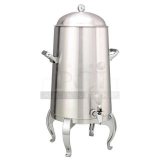 BRAND NEW! Service Ideas Commercial Brushed Stainless Steel Vacuum Insulated 5 Gal. Flame-Free Thermo-Urn! With Handles & Dome Lid! Model: URN50VBSRG! On Regal Style Base Legs!