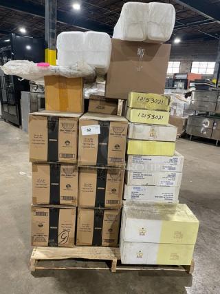 BRAND NEW! MIXED PALLET! RAK Porcelain Banquet Series Commercial Ivory Porcelain 3.1 Oz. Cups! Model: BANC09! With RAK Porcelain Dinea Series Commercial White Porcelain 7.8 Oz. Coffee Cups! Model: 116CU23! With RAK Porcelain Banquet Series Commercial White Porcelain 39.9 Oz. Salad Bowls! With Hoffmaster Commercial Ivory White 54"x108" Plastic Table Covers! Model: 112002! With EMI Yoshi Commercial High Gloss Clear Disposable 80 Oz. PET Bowls! Model: EMI-PTB80-10C! With Eastern Tabletop Jazz Rock Series Commercial Stainless Steel 8 Qt.  Oblong Induction Chafer! With Hinged Glass Dome Cover! Model: 3995G! With Eastern Tabletop Jazz Rock Series Commercial Stainless Steel 3995G Induction Chafer Stand! Model: 3995BASE! With Spring USA Commercial Stainless Steel/Clear Stain-Resistant Polycarbonate Countertop Juice/Beverage Dispenser! Model: 2511-634! With CAC China Commercial Porcelain White 12.5" Wide-Rim Transition Plates! Model: TST-W23! With Luzerne Lava by Oneida 1880 Hospitality Commercial Porcelain 9.5" Pedestal Bowls! Model: L6500000751! With Elit Global Solutions Commercial Black Melamine 34 Oz. Zen Style Bowls! Model: JW1107-B! & More! ALL NEW IN THE BOX! 63X Your Bid!