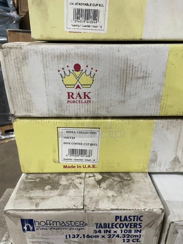 BRAND NEW! MIXED PALLET! RAK Porcelain Banquet Series Commercial Ivory Porcelain 3.1 Oz. Cups! Model: BANC09! With RAK Porcelain Dinea Series Commercial White Porcelain 7.8 Oz. Coffee Cups! Model: 116CU23! With RAK Porcelain Banquet Series Commercial White Porcelain 39.9 Oz. Salad Bowls! With Hoffmaster Commercial Ivory White 54"x108" Plastic Table Covers! Model: 112002! With EMI Yoshi Commercial High Gloss Clear Disposable 80 Oz. PET Bowls! Model: EMI-PTB80-10C! With Eastern Tabletop Jazz Rock Series Commercial Stainless Steel 8 Qt.  Oblong Induction Chafer! With Hinged Glass Dome Cover! Model: 3995G! With Eastern Tabletop Jazz Rock Series Commercial Stainless Steel 3995G Induction Chafer Stand! Model: 3995BASE! With Spring USA Commercial Stainless Steel/Clear Stain-Resistant Polycarbonate Countertop Juice/Beverage Dispenser! Model: 2511-634! With CAC China Commercial Porcelain White 12.5" Wide-Rim Transition Plates! Model: TST-W23! With Luzerne Lava by Oneida 1880 Hospitality Commercial Porcelain 9.5" Pedestal Bowls! Model: L6500000751! With Elit Global Solutions Commercial Black Melamine 34 Oz. Zen Style Bowls! Model: JW1107-B! & More! ALL NEW IN THE BOX! 63X Your Bid! - Image 10 of 11