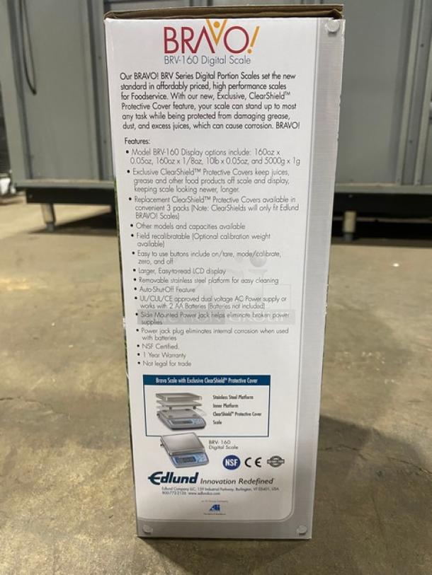 BRAND NEW! Edlund Bravo Series Commercial Electric Powered Countertop 10 Lb. Digital Portion Scale! With ClearShield Protective Cover! With Digital LCD Display!  Model: BRV-160 SN: 014876! - Image 3 of 6
