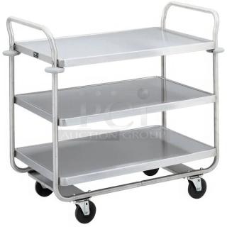BRAND NEW! Vollrath Caravelle Series Commercial Chrome Plated 3-Tier Tubular Heavy-Duty Utility/Bussing Cart! With 500 Lb. Capacity! With U Shaped Frame & Donut Bumpers! Model: 97168 SN: 02320VK! On Casters!