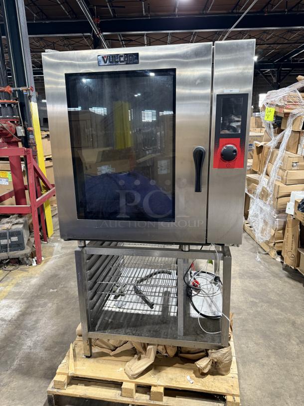 Vulcan! 2022 Late Model! Commercial Stainless Steel Natural Gas Powered Full Size 10-Pan Boilerless Combi Oven! With Wired Oven Racks! Model: V1PJ102G-81 SN: P27533062J! 120V! On Commercial Dual Section Equipment Stand! With Built In Pan Holding Rack!  On Legs! - Image 1 of 10