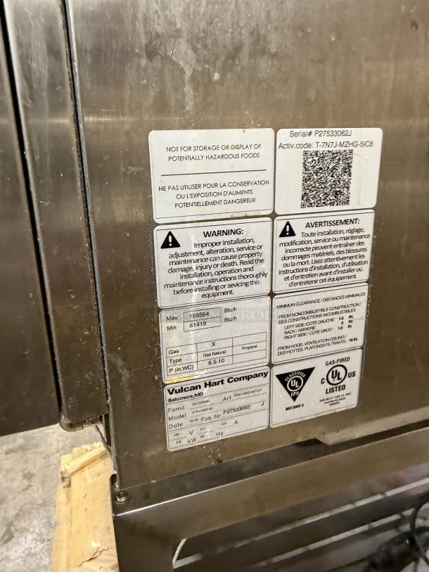 Vulcan! 2022 Late Model! Commercial Stainless Steel Natural Gas Powered Full Size 10-Pan Boilerless Combi Oven! With Wired Oven Racks! Model: V1PJ102G-81 SN: P27533062J! 120V! On Commercial Dual Section Equipment Stand! With Built In Pan Holding Rack!  On Legs! - Image 8 of 10