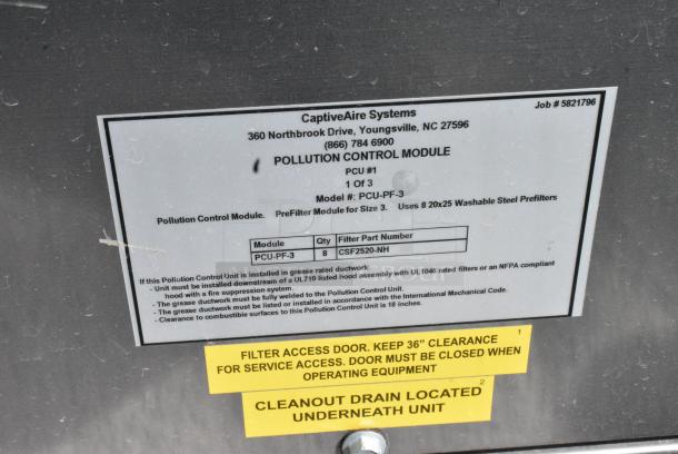 BRAND NEW SCRATCH AND DENT! CaptiveAire PCU-PF-3 Stainless Steel Commercial Pollution Control Module - Image 5 of 5