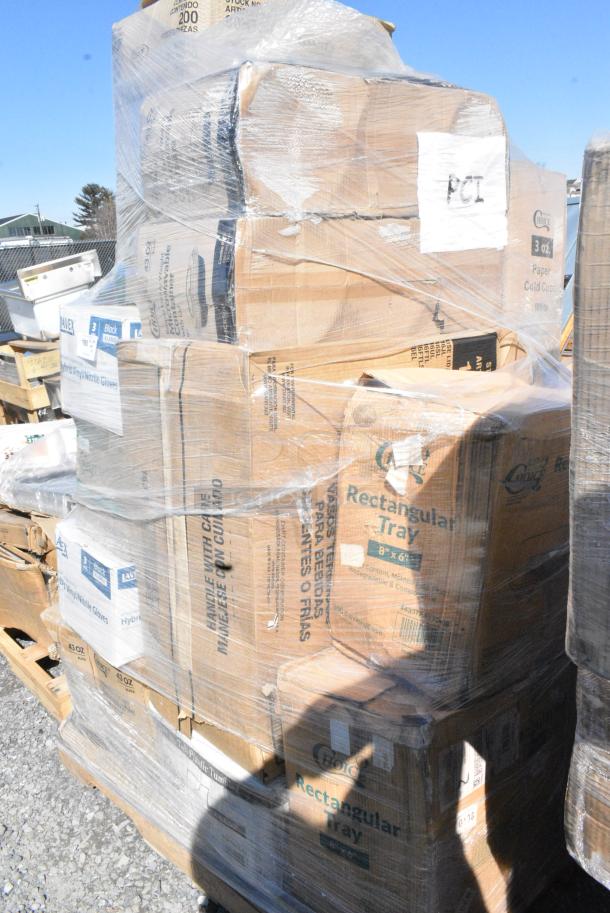 30 BRAND NEW SCRATCH AND DENT! Items Including 90HT3R Dart, 395PR09 EcoChoice No PFAS Added Bamboo / Bagasse Blend 9" Plate, 3941035XL Lavex Powder-Free Disposable Black Hybrid 3 Mil Thick Gloves - Extra Large - 1000/Case, 395TO993PF EcoChoice 9" x 9" x 3" No PFAS Added Natural Bagasse Blend 3-Compartment Take-Out Container - 200/Case, 394345L Noble NexGen Powder-Free Disposable Black Hybrid 3 Mil Thick Gloves - 1000/Case, 130BKFORKX Choice Black Extra Heavy Weight Polystyrene Plastic Fork - 1000/Case, 433TRAYT0608 EcoChoice 8" x 6" Molded Fiber / Pulp Rectangular Tray - 500/Case, 760PCC03W Choice 3 oz. White Unlined Paper Cold Cup - 5000/Case. 30 Times Your Bid! - Image 2 of 13
