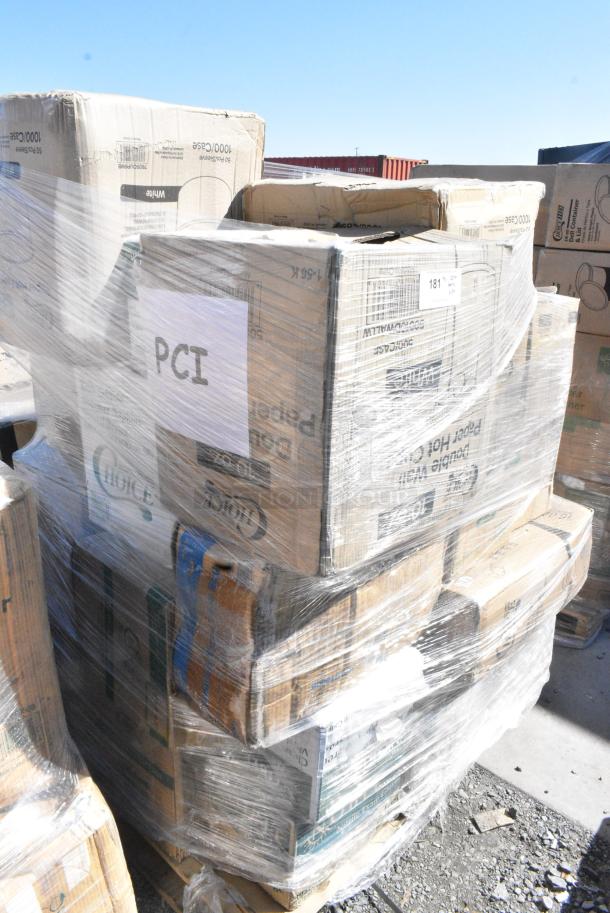34 BRAND NEW SCRATCH AND DENT! Items Including 760SOUP6WB Choice 3 oz. White Poly Paper Cold Cup - 5000/Case, 50010DWALLW Choice 10 oz. White Smooth Double Wall Paper Hot Cup - 500/Case, 966TALLFLDN Choice Kraft Natural Tall-Fold 6" x 13" Dispenser Napkin - 8000/Case, 394365L GLOVE VINYL PFREE LG 1M, Dart C53PST1 ClearSeal Hinged Lid Plastic Container 5 3/8" x 5 1/4" x 2 5/8" - 500/Case, 127P2B Choice Black Plastic Souffle Cup / Portion Cup - 2 oz. - 2500/Case. 34 Times Your Bid! - Image 1 of 13