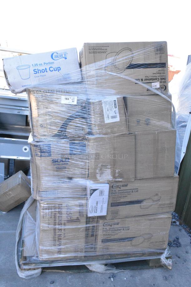 40 BRAND NEW SCRATCH AND DENT! Items Including 128HD16COMBO Choice Heavy Duty 16 oz. Microwavable Translucent Plastic Deli Container and Lid Combo Pack - 240/Case, 500CC9 Choice 9 oz. Clear PET Customizable Plastic Squat Cold Cup - 1000/Case, Solo Ultra Clear™ TP16D 16 oz. Customizable Clear PET Plastic Squat Cold Cup - 1000/Case, 130LADL2CL Visions 2 oz. Clear Disposable Plastic Ladle - 48/Case, 128HD8COMBO Choice Heavy Duty 8 oz. Microwavable Translucent Plastic Deli Container and Lid Combo Pack - 240/Case, 394385XL Noble Products White Powder-Free Disposable Latex Gloves for Foodservice - Extra Large - 1000/Case, 394365L Noble Products Powder-Free Disposable Clear Vinyl Gloves for Foodservice - Large - 1000/Case, 6 394365XL Noble Products Powder-Free Disposable Clear Vinyl Gloves for Foodservice - Extra Large - 1000/Case, 129MCR32B Choice 32 oz. Black Round Microwavable Heavy Weight Container with Lid 7 1/4" - 150/Case. 40 Times Your Bid! - Image 1 of 19