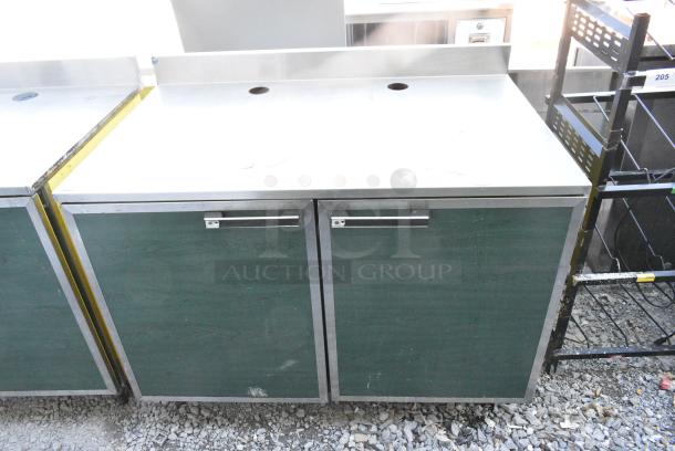 Duke Stainless Steel Counter w/ 2 Green Wood Pattern Doors and Back Splash - Image 1 of 5