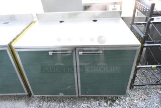 Duke Stainless Steel Counter w/ 2 Green Wood Pattern Doors and Back Splash