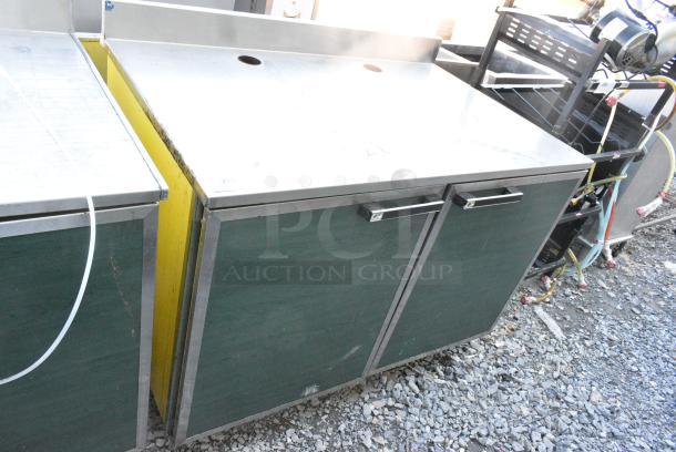 Duke Stainless Steel Counter w/ 2 Green Wood Pattern Doors and Back Splash - Image 3 of 5