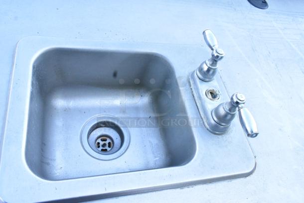 Duke Stainless Steel Counter w/ Sink Bay and 2 Green Wood Pattern Doors and Back Splash - Image 3 of 7