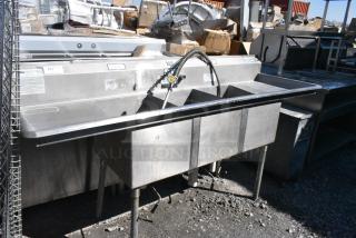 Dual Stainless Steel 3 Bay Sink w/ Dual Drain Boards, Handles and Spray Nozzle.